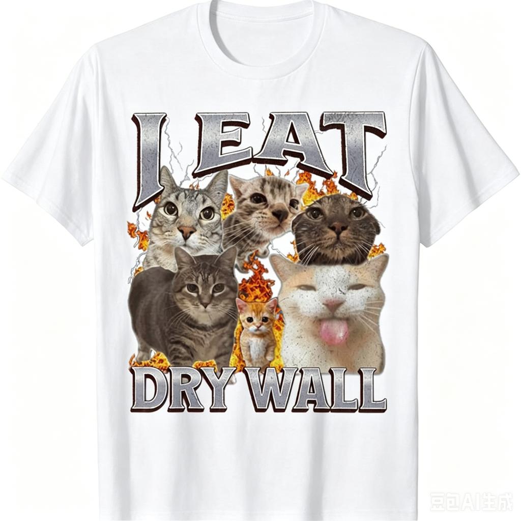 Ich esse Gipskarton Lustiges Katzen-Meme T-Shirt Retro 90er Bootleg Katzen Grafik-T-Shirt Schwarzes Baumwoll-Kurzarm