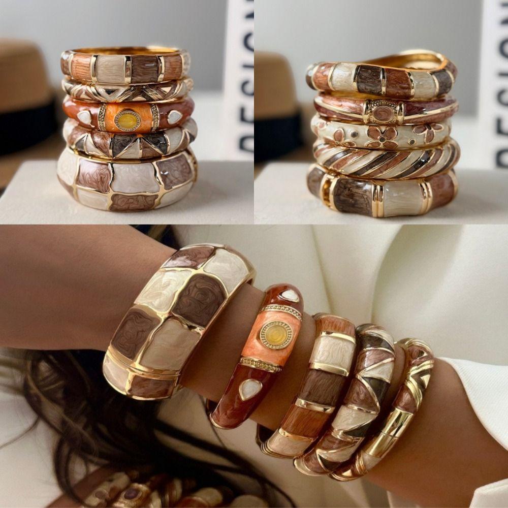 Geometric Striped Vintage Coffee Brown Enamel Wide Cuff Bracelet Open Bracelet Daily Party