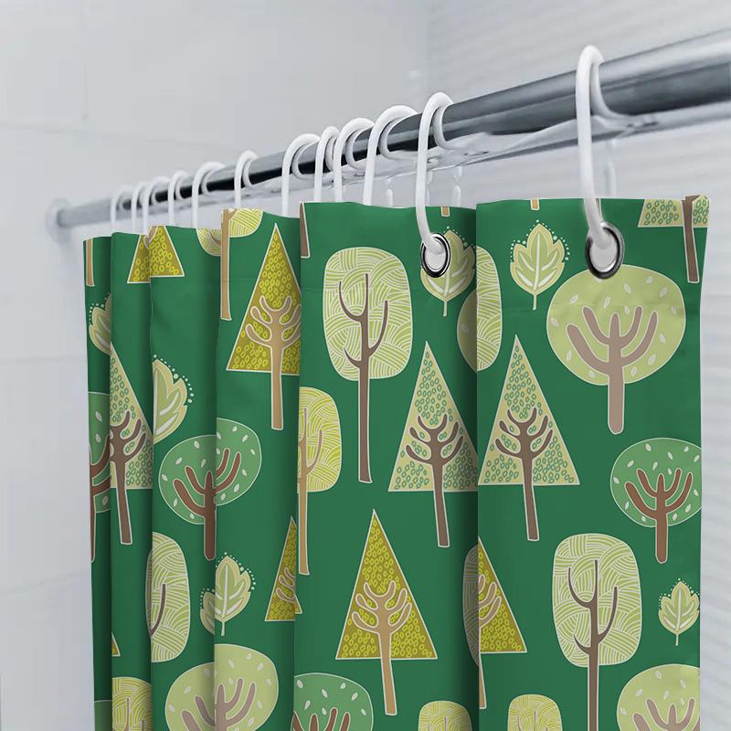Green Plaid Shower Curtain With Forest Print Decorative Bath Accessories For Bathroom Easy Installation Water Resistance Perfect