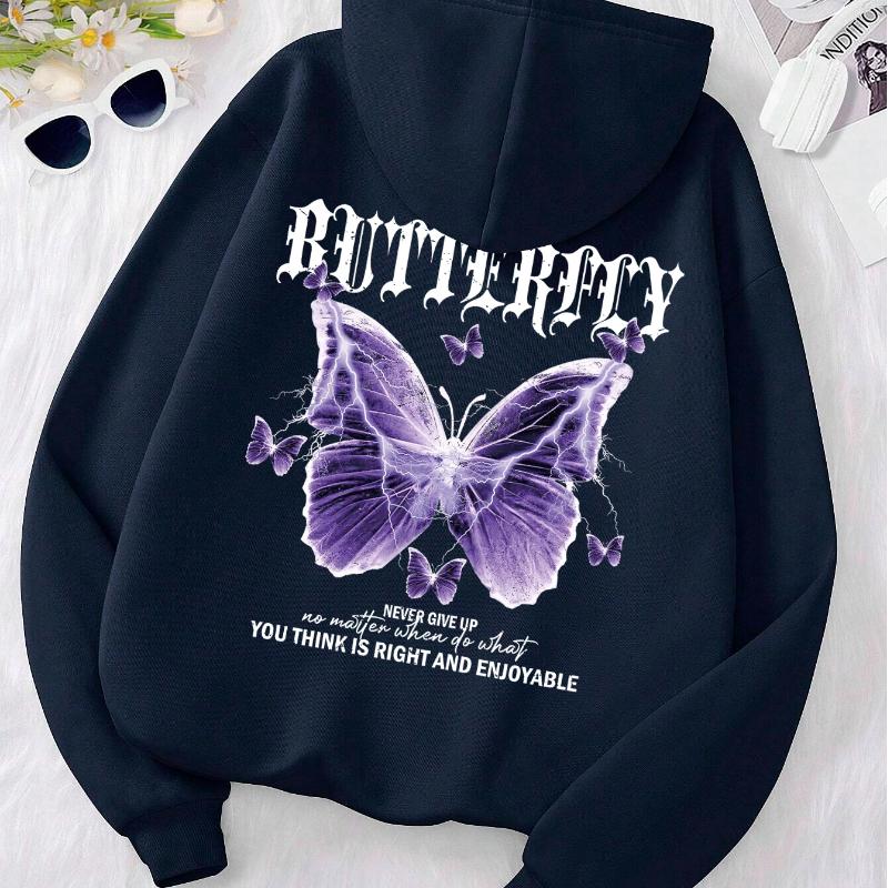 Beautiful Purple Butterfly Printing Hoodies Women Fleece Pocket Hoody Simple Casual Hoodie Autumn Loose Female Streetwear