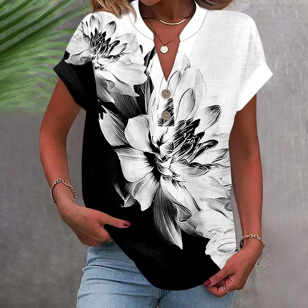 Dámská móda Ležérní Tričko s potištěným výstřihem do V, krátkým rukávem, knoflíkem dolů Tričko Top