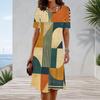 Women Plus Size Round Neck Short Sleeve Blue Yellow Geometric Printed A Line Dress