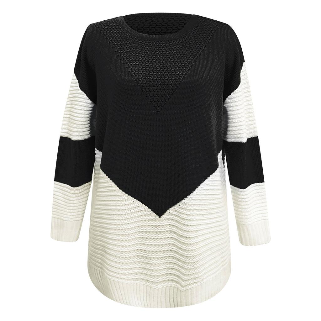 Women's Temperament Loose Round Neck Stitching Knitted Long-sleeved Sweater