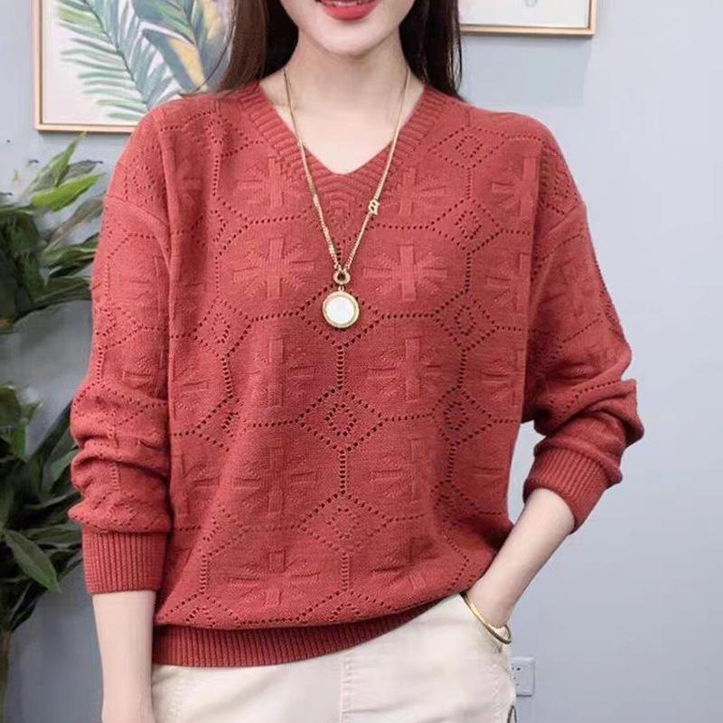 Pulover Tricotat cu Mâneci Lungi și Guler în V pentru Femei, Primăvară și Toamnă, Pulover Ajurat pentru Femei