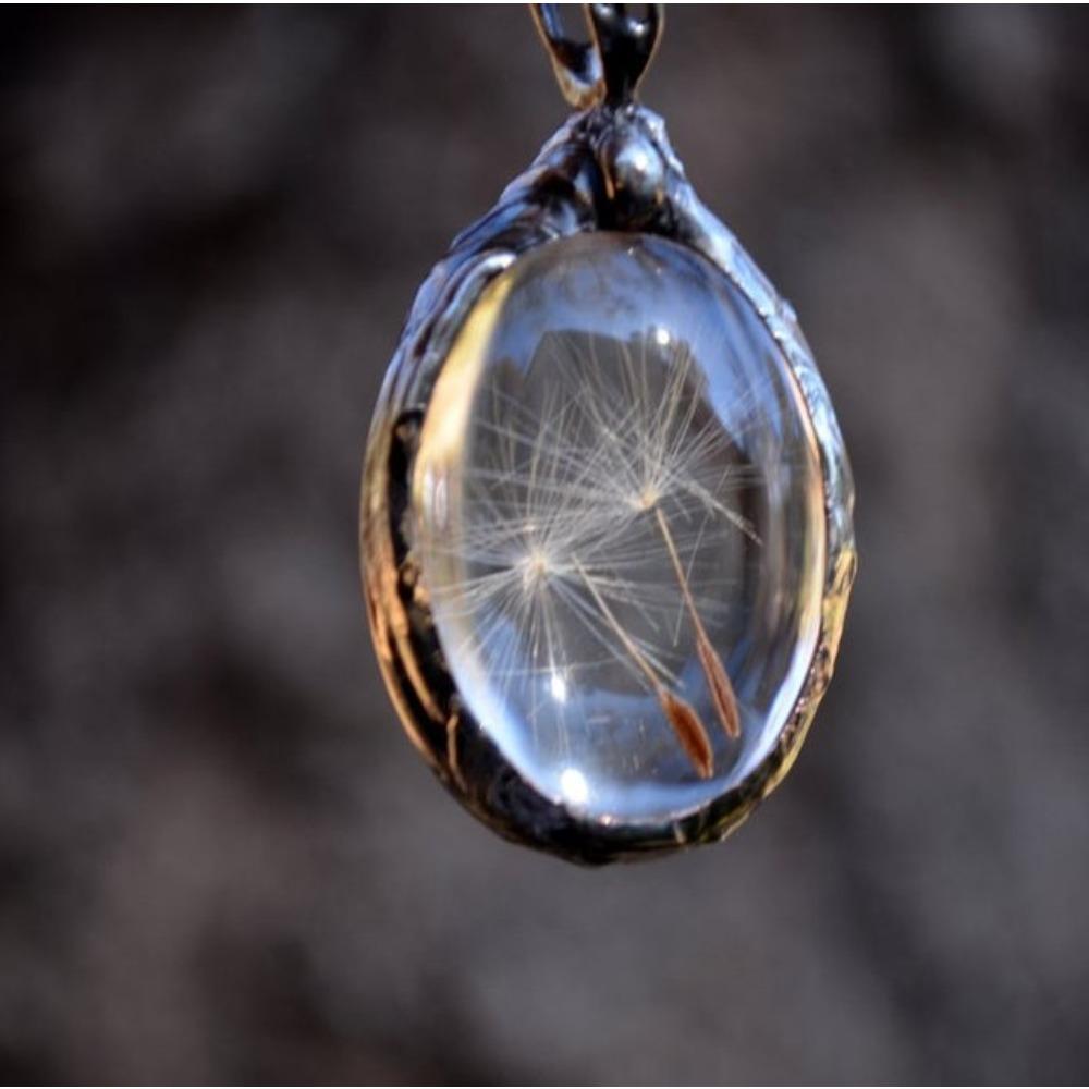 Europe, America, Vintage Dandelion Seed Wishing Oval Time Gem Glass Necklace
