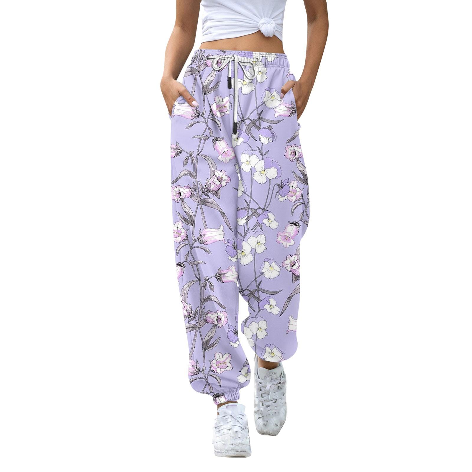 

Женские повседневные модные брюки с цветочным принтом для отдыха, спортивные брюки, брюки с эластичной талией и завязками на шнурке, брюки с завязками на шнурке S фиолетовый