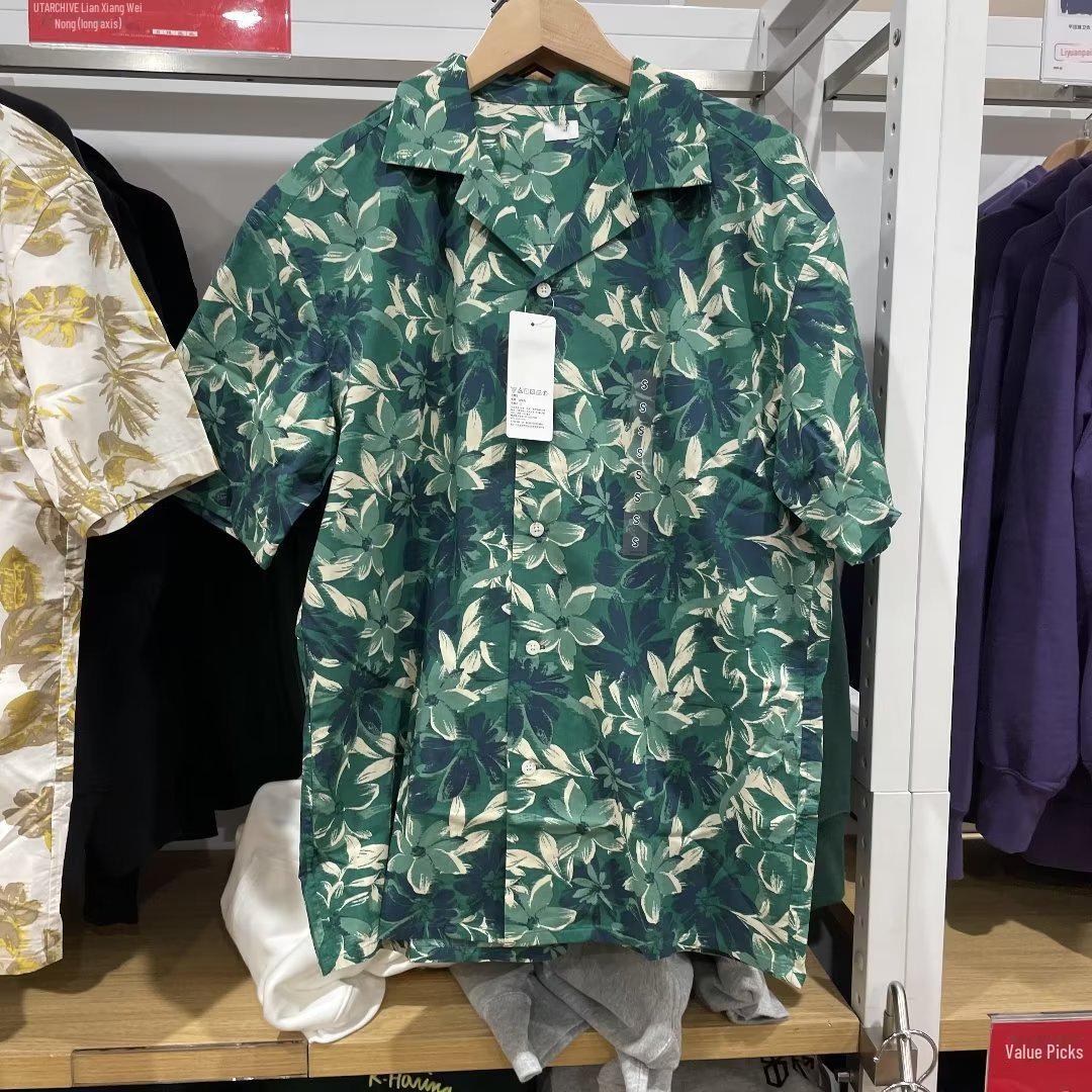 

2024 Мужская рубашка с цветочным принтом — корейский стиль, свободный крой, короткий рукав, пляжная мода 3XL