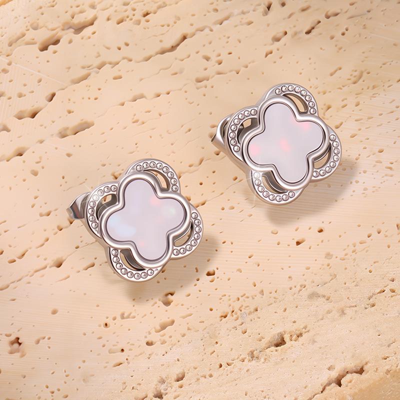 Exquisite Double-Layer Four-Leaf Clover Shell Titanium Steel Stud Earrings - Women's Non-Fading Jewelry