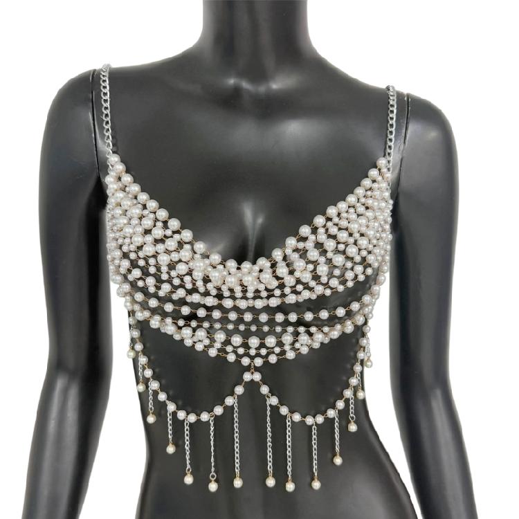 Lightweight Resin Pearls Multi Layer Body Jewelry Handmade Layered Bralette Top For Music Festivals And Night Event 1