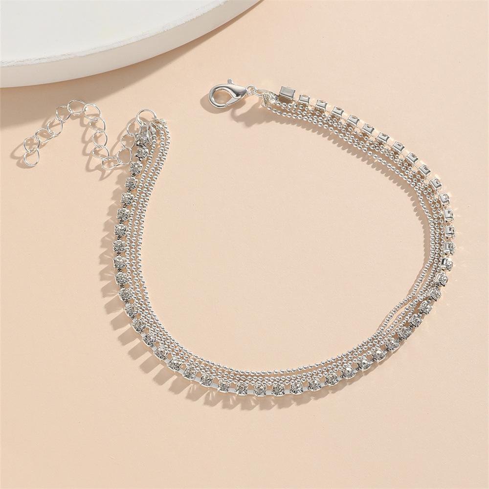 Women's new simple silver claw diamond chain, anklet, personalized multi-layer bead chain