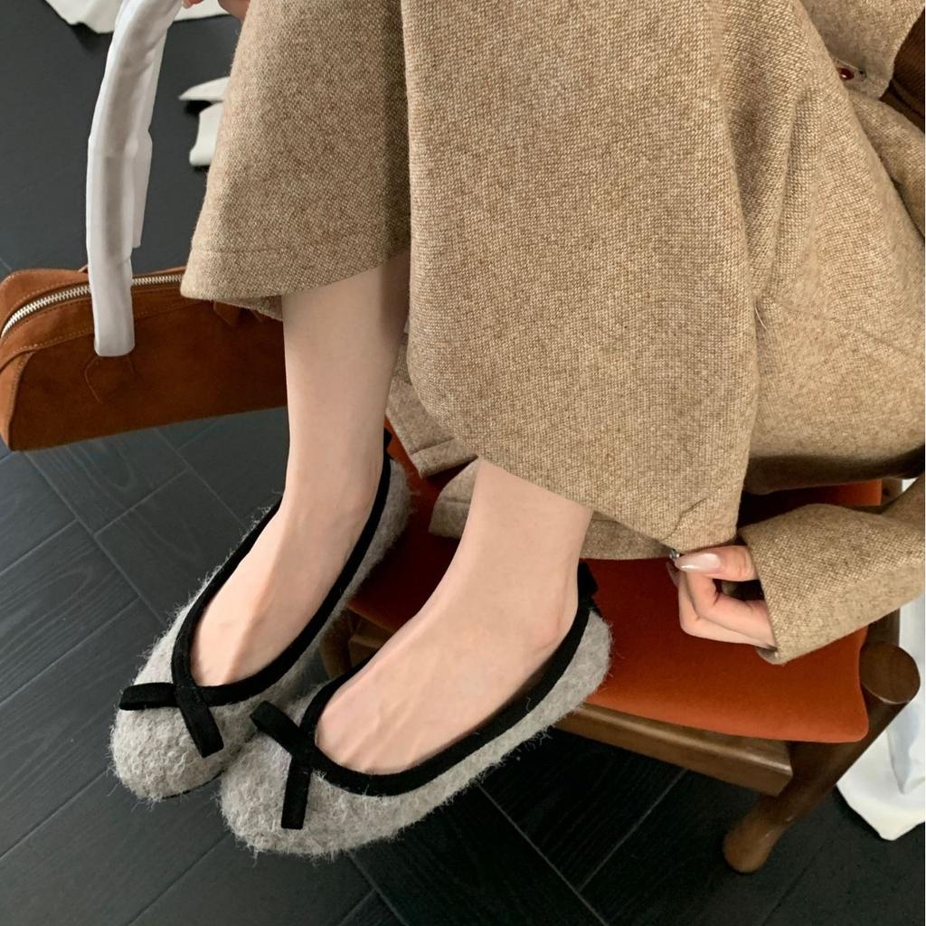 2025 new autumn and winter mink fluff bow fluff gentle flat bottom shallow mouth Mary Jane commuter OL women's shoes