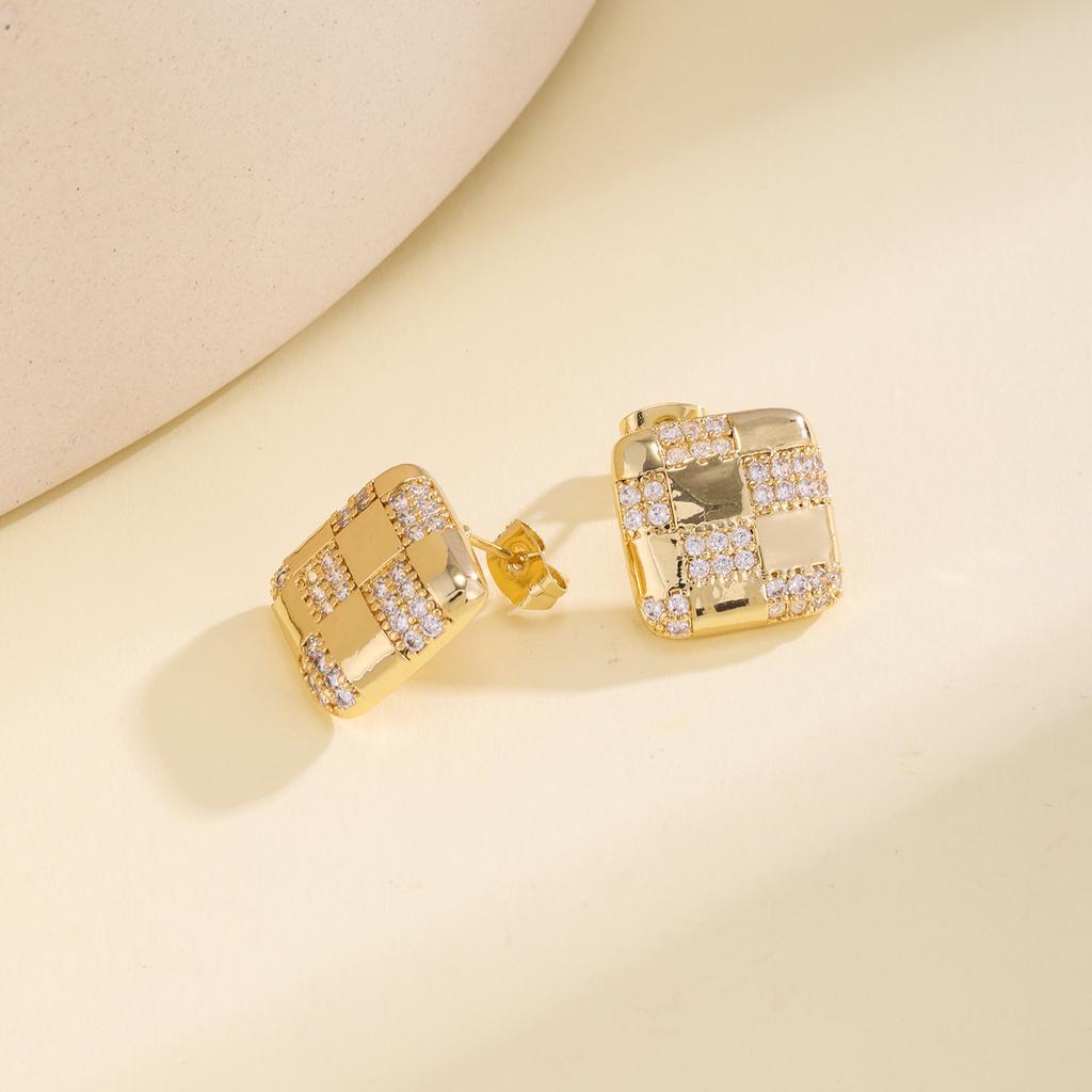 Nidin New Trendy Checkerboard Square Stud Earrings For Women Light Luxury Pave Cubic Zirconia Elegant Daily Party Jewelry Gifts