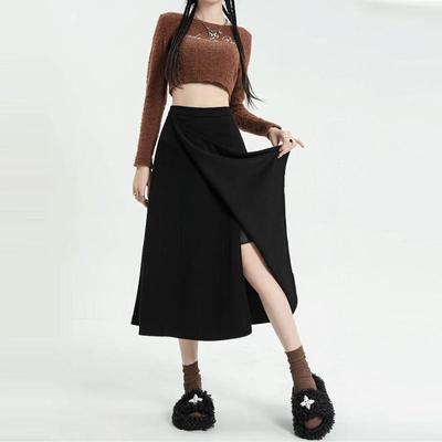 Irregular Mid-Length Skirt for Women Autumn Large Size High Waist Thin  A-Line Skirt Black Korean Fashion Clothing Female