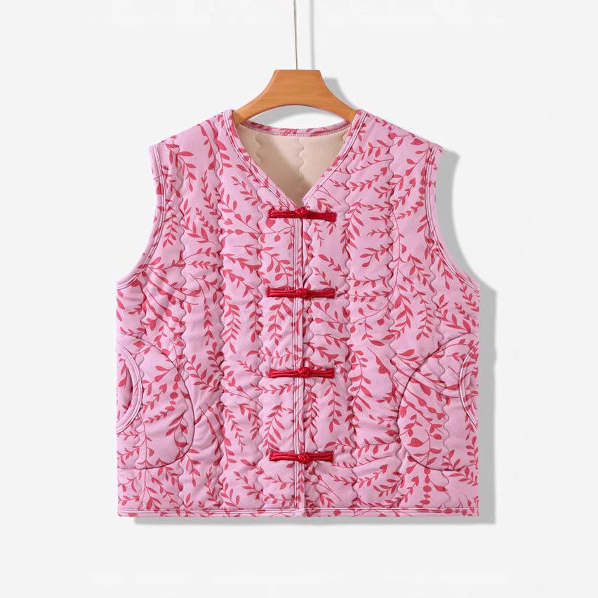 Women's Plus Size Floral Fleece-Lined Cotton Vest - Sleeveless, Thick, Warm Jacket for Middle-Aged and Elderly