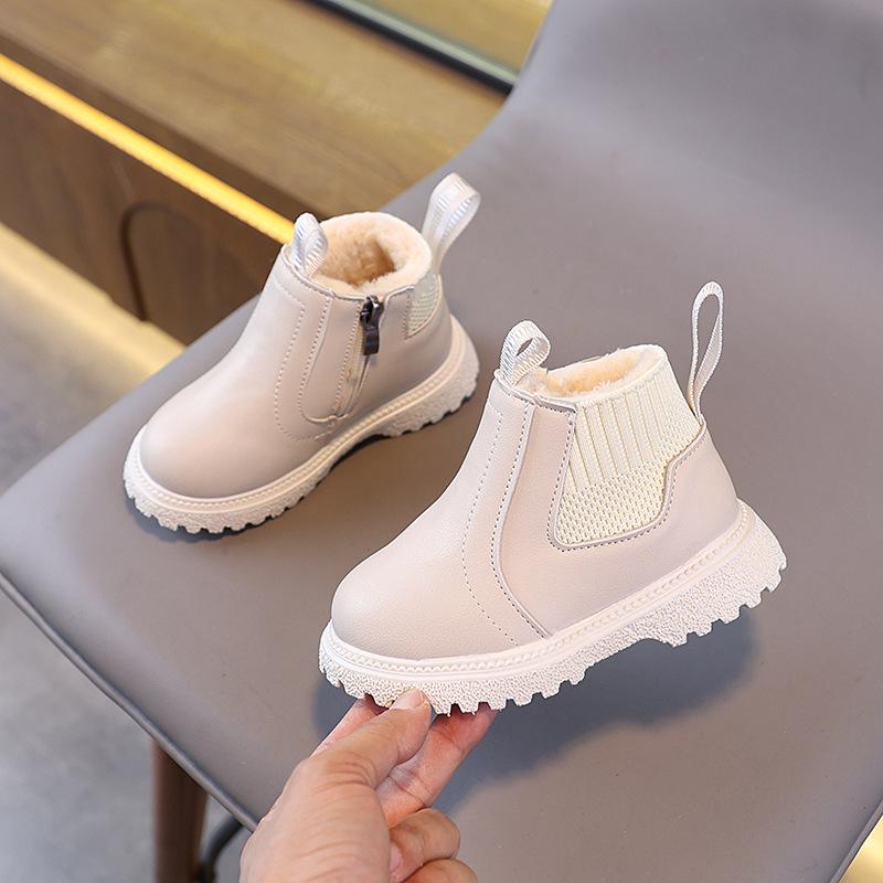 Autumn Winter Kid Boys Girls Casual Ankle Boots Comfortable Simple Side Zipper Leather Boots Velvet Warm Non-Slip Boots