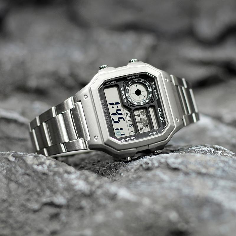 Casio Custom Collection AE 1200WHD 1A Electronic Movement Metal Strap Watch Unisex Black Dial AE-1200WHD-1A(Watch4--)