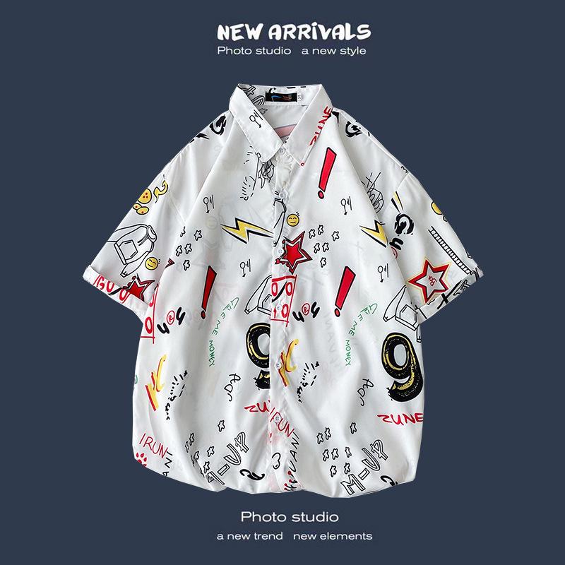 Letnia Koreańska Retro Kwiatowa Para Luźna Koszula z Krótkim Rękawem - Męski Modny Styl