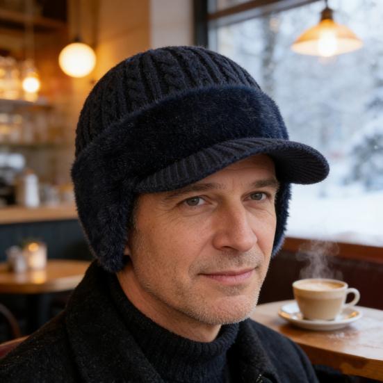 Men Hat 3-in-1 Knitted Baseball Cap with Ear Flaps Imitation Mink Fur Lining Quick-Drying