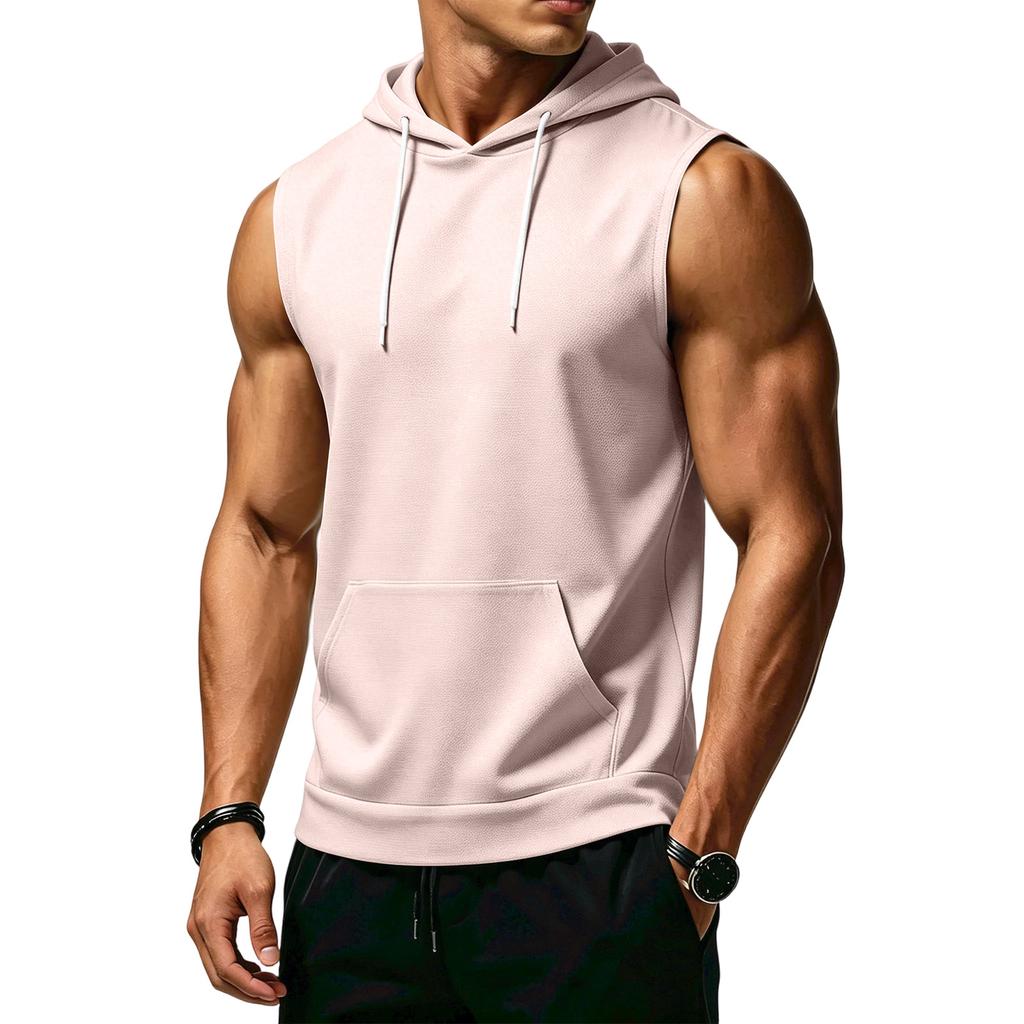 Men's Sleeveless Hoodie Casual Sportswear Muscle Fit Wide Shoulder Drawstring Hooded Pocket Tank Top