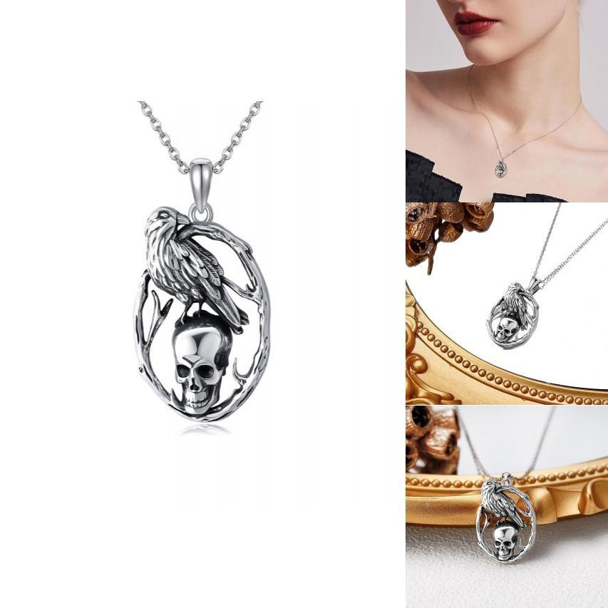 Halloween Skull Pendant Necklace With Crow Shape Design For Gothic Fashion Enthusiasts