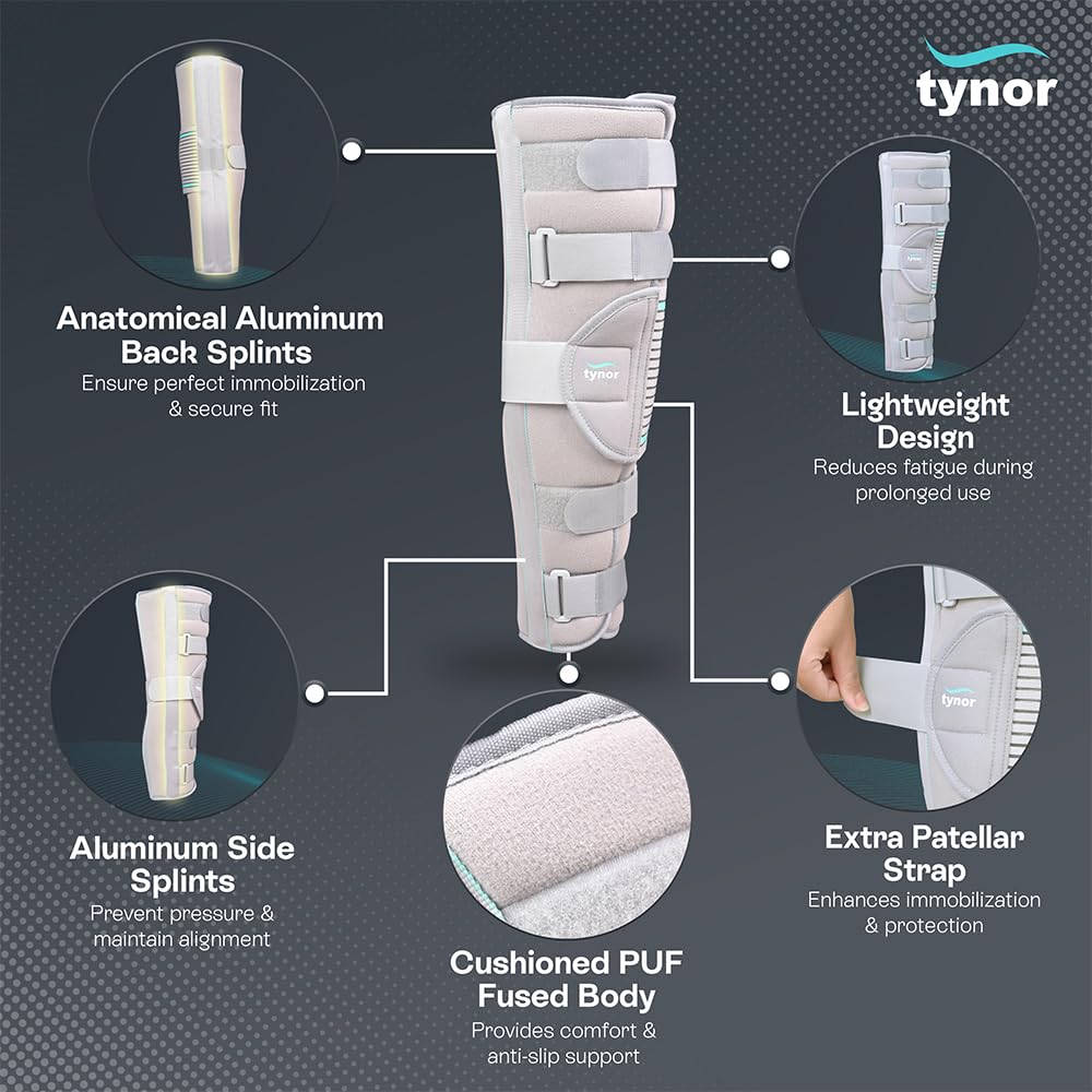 TYNOR Knee Immobiliser 19"/48cm, for Support & Protection | Provides Support for Knee Injury, Pain Relief | Breathable, Comfortable for Men & Wom