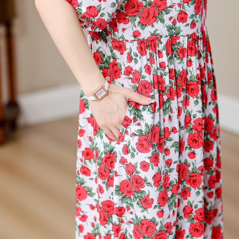 Plus Size Vintage Print Long Dress for Women Oversize Short Sleeve Elegant Loose Dresses Summer Casual Middle-aged Women's Clothing