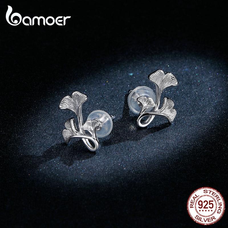 Bamoer Hot Style Real 925 Sterling Silver Ginkgo Leaf Stud Earrings For Women Wedding Small Earrings