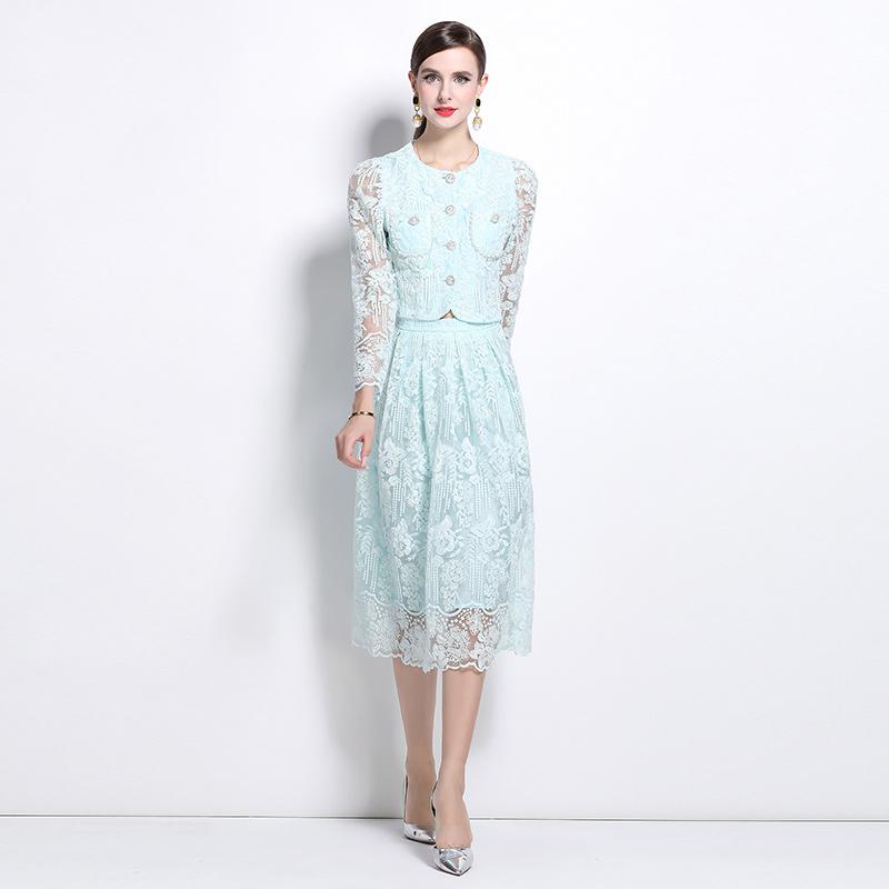 Female Floral Embroidery Two Piece Set Women Suit Elegant OL Long Sleeve Shirt Midi Skirts 2 Piece Outfit
