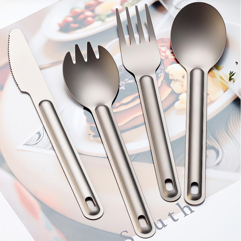 1/4Pcs Portable Camping Titanium Metal Long Handle Anti Scalding Anti-slip Spoon Fork Light Weight Tableware