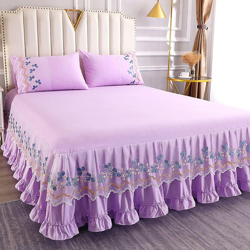 Solid Lace Embroidered Bedspread Mattress Protective Cover Polyester Bed Skirt Anti Slip and Dustproof Flounce Edge Bedsheet