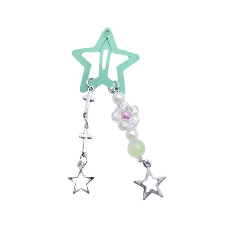 

Y2k 90s Aesthetics Star Pentagram Beads Tassel Bobby Pin Vintage Cool Charm Hair Clip Harajuku Trendy Hair Accessories for Women зелений
