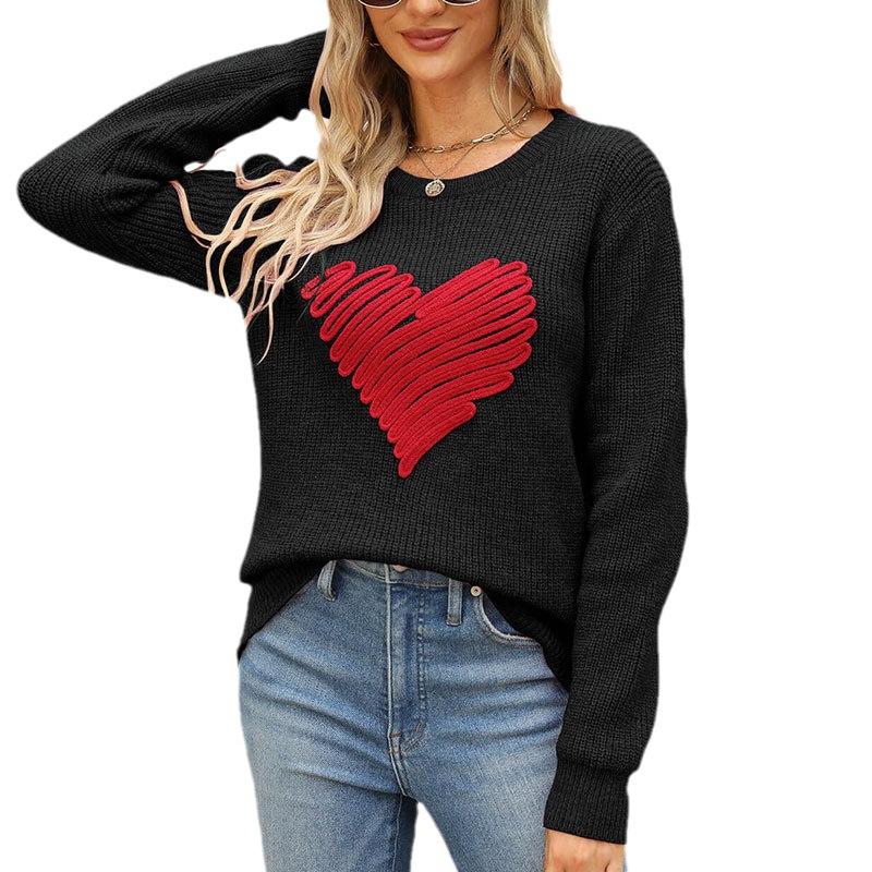 New autumn and winter loose love embroidery round neck pullover long sleeve knitted sweater women's wholesale
