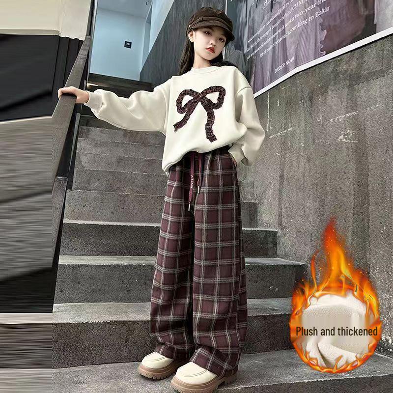 Girls' Fashionable Plaid Pants & Bow Sweatshirt Set - Autumn/Winter 2025
