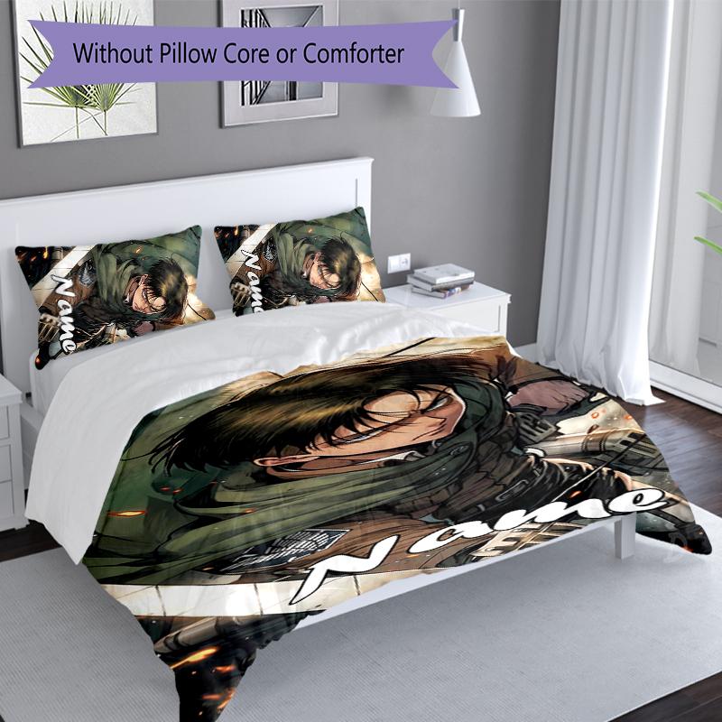 3pcs Custom Name Attack On Titan Set,Includes 1 Duvet Cover and 2 Pillowcases,All-season Bedroom Decor
