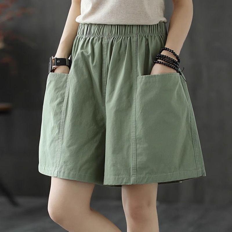 Women's Cotton Pocket Shorts - Summer Casual, Wide-Leg, Elastic Waist, Plus Size, Five-Point Length