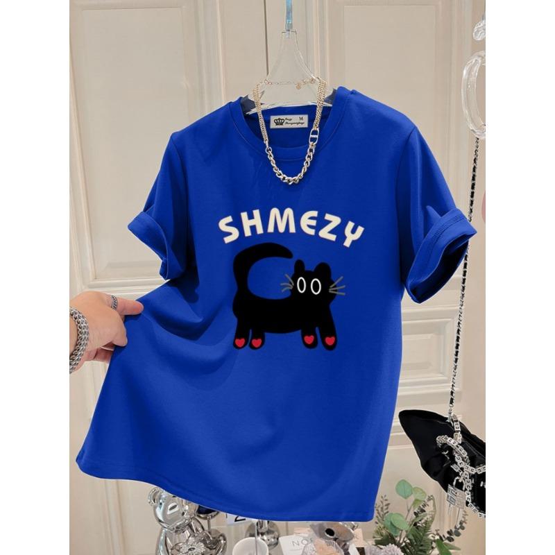 Cartoon Cat Top New Summer Korean Version Love Letters Large Version Loose Gray Short-sleeved T-shirt for Women