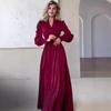 2025 European & American Women's Slim French V-Neck Long Dress with Tie-Up, Slit, and Long Sleeves