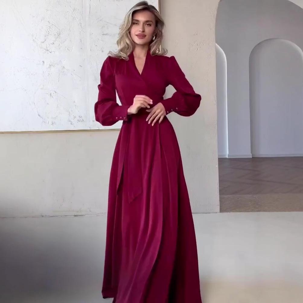 2025 European & American Women's Slim French V-Neck Long Dress with Tie-Up, Slit, and Long Sleeves