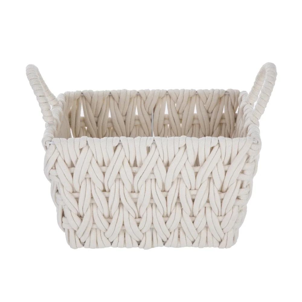 Medium White Woven Rope Decorative Storage Basket Handwoven Storage Organizer Loop Handles Bohemian Home Decor Basketweave