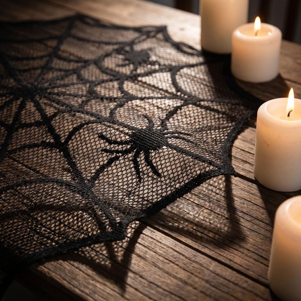 Spider Web Tablecloth Fireplace Scarf Disposable Bat Spider Table Runner Lampshade Decorative Lace for Party Home Decor