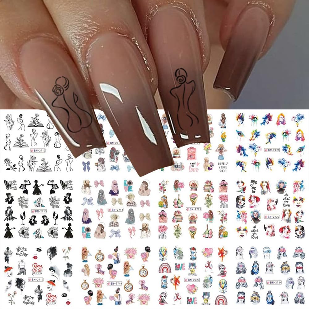 S.A.V.I 12 Sheets Girl Face Nail Art Stickers - Trendy Water Transfer Decals with Butterfly, Floral & Cartoon Designs | DIY Manicure Nail Decoratio