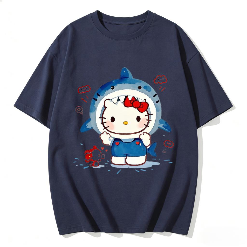 2026 New Arrival Kawaii Hello Kitty Shark Print Couple T Shirts Casual Family Matching Outfits Parentchild Tees Tops Summer Y2k