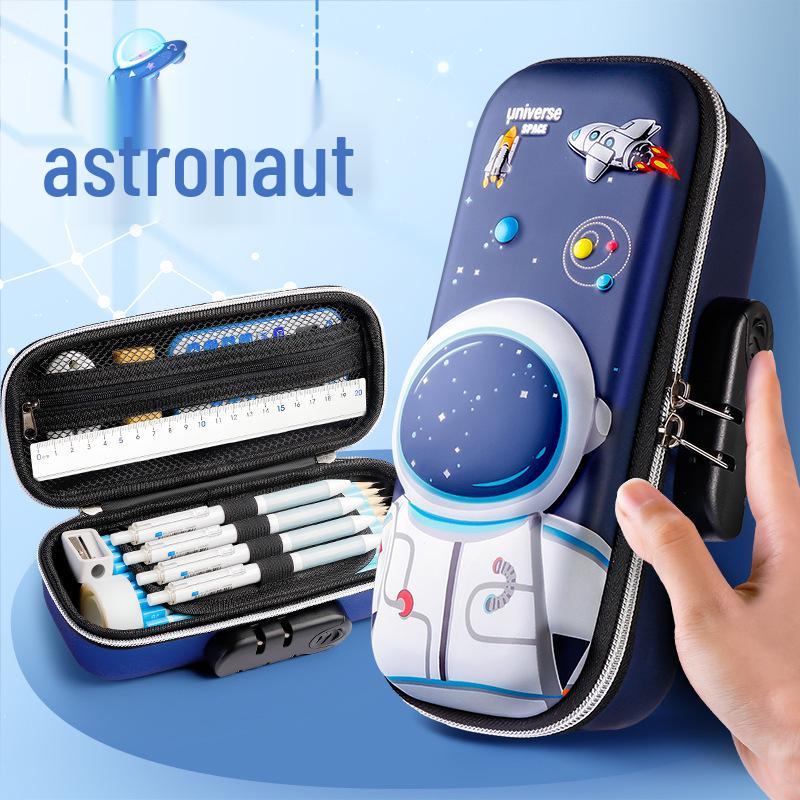 "Multifunctional Cartoon Password Lock Pencil Case for Boys - Large Capacity, 3D Design for Primary Students"