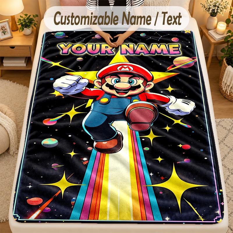 Flannel BlanketSuper Mario Custom Name Text Personalized Soft Warm Throw Blanket Home Decor Gift