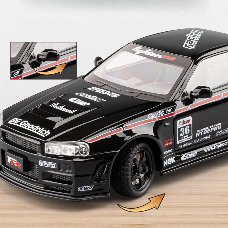 1:24 GTR R34 Alloy Sports Car Diecasts Metal Pull Back Sound And Light Car Model Kids Toy Gift