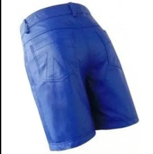 Men's Pants Lambskin Leather Sports Blue Boxer With Pocket Gym Short Genuine
