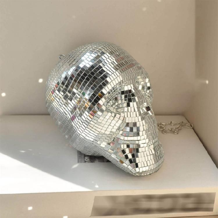 Skull Head Statue Mirrored Figurine Reflective Sparkling Discos Balls Ornament for Halloween Festivals Party Celebration
