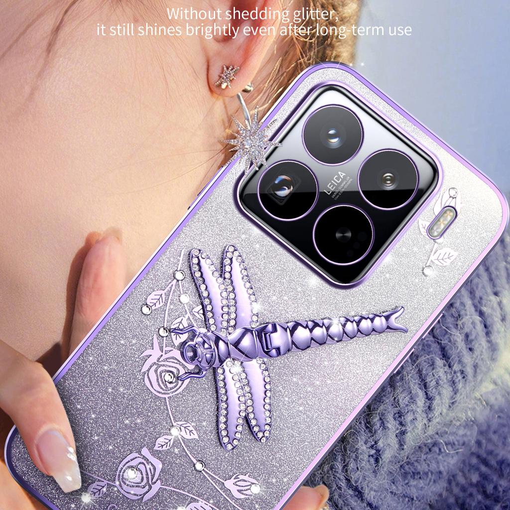 KADEM For Xiaomi 15 Pro Case Dragonfly Kickstand TPU Flowers Glitter Phone Cover