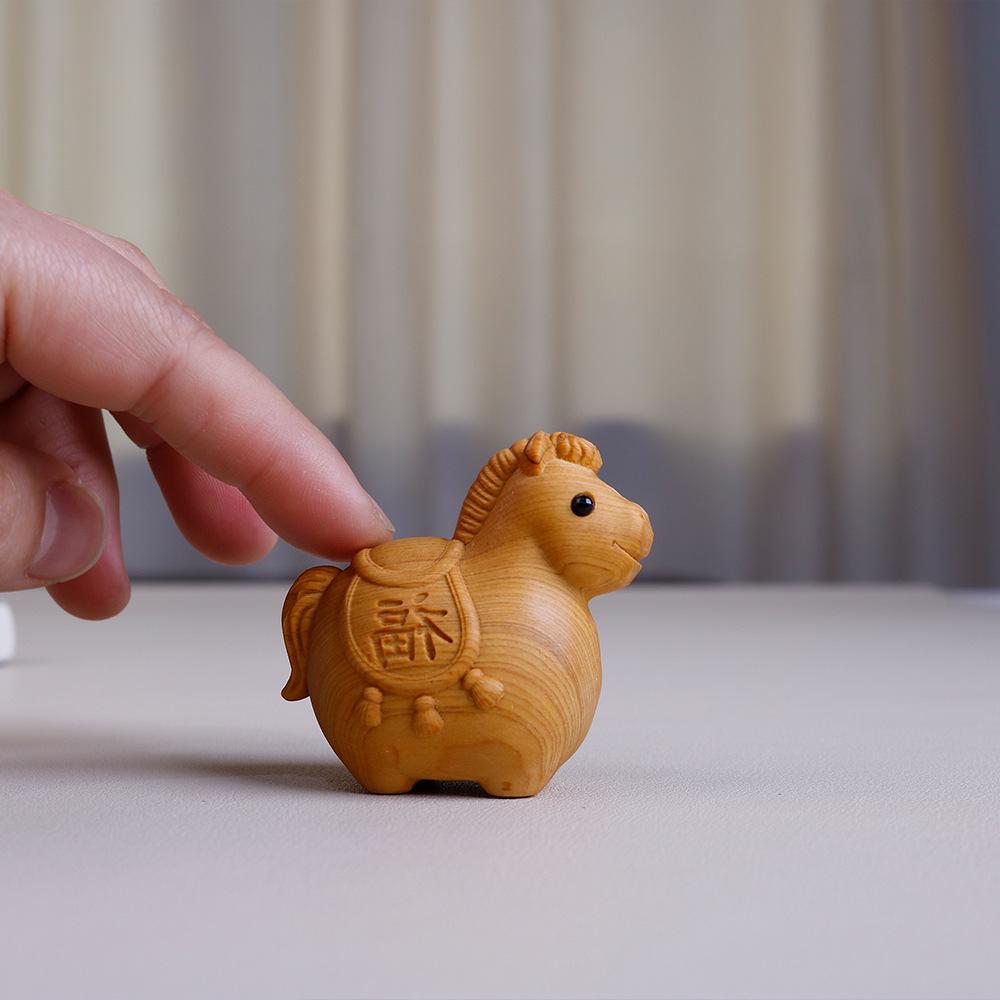 Year of the Horse Lucky Desktop Ornament: Aged Cypress Zodiac Horse for Good Fortune
