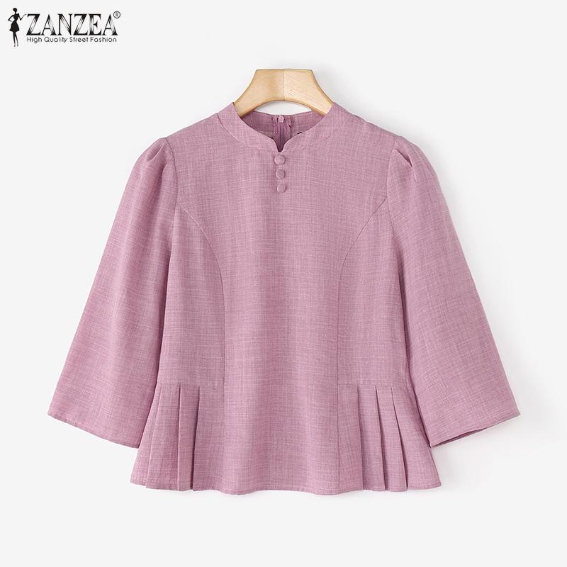 ZANZEA Women Casual Stand Collar 3/4 Sleeve Retro Blouse